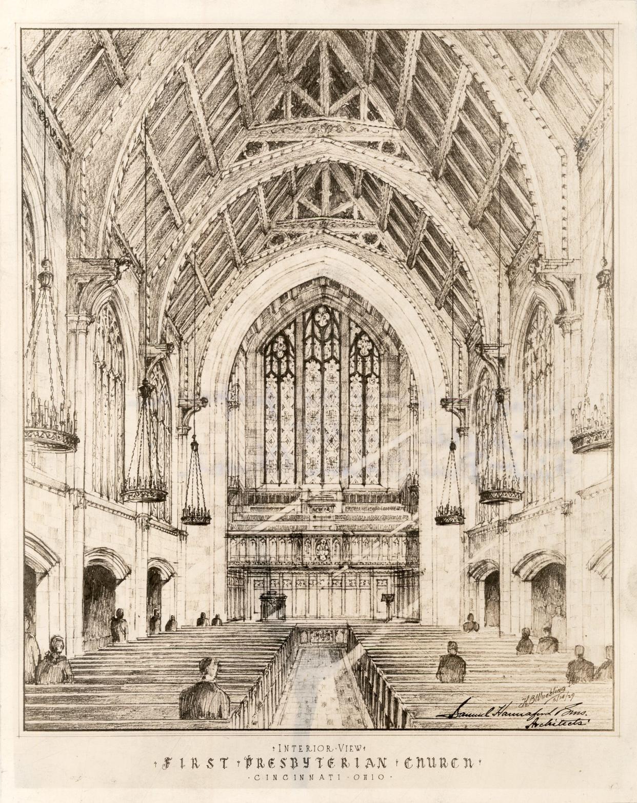 A sketch of the interior view of the proposed chapel for the First Presbyterian Church in Temple Tower. The skyscraper was never built.