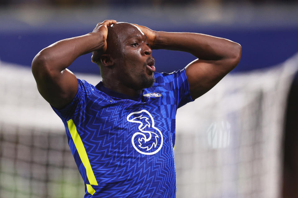 Chelsea's Romelu Lukaku after missing a chance against Leicester City.