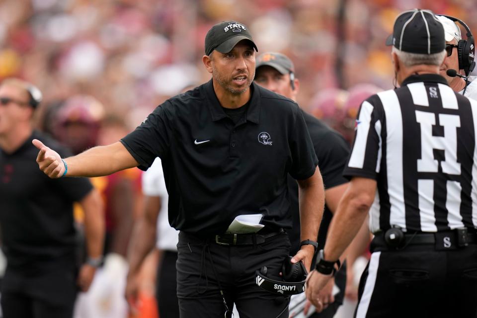 Iowa State football coach Matt Campbell will try to lead his team to a victory at Ohio Saturday.
