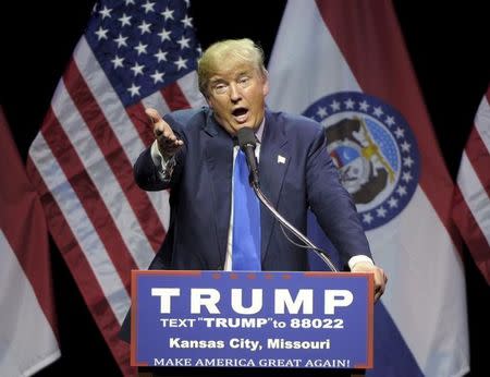 U.S. Republican presidential candidate Donald Trump speaks during a campaign rally at the downtown Midland Theater in Kansas City, Missouri, March 12, 2016. REUTERS/Dave Kaup