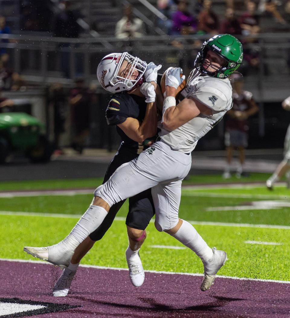 Mt. Vernon’s Ryder Dampf hauls a touchdown against Logan-Rogersville’s Cameron Wray on September 15, 2023.