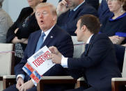 <p>French President Emmanuel Macron and President Donald Trump attend the traditional Bastille Day military parade on the Champs-Elysees in Paris, France, July 14, 2017. (Photo: Yves Herman/Reuters) </p>