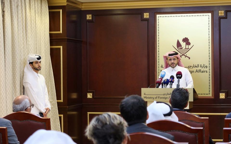 Qatar's Spokesperson for the Ministry of Foreign Affairs, Majed Al-Ansari, speaks to journalists during a press conference in Doha, Qatar