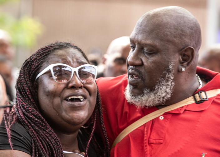 Raymond Fowler, the father of Jarrell Garris, comforts his daughter Tiana Fowler as Fowler and others spoke to the media July 7, 2023 about the shooting of Garris by New Rochelle police this past Monday. Garris was shot by police during a scuffle on Lincoln Ave. in which police were attempting to arrest him after a nearby market called the police about Garris possibly stealing food.