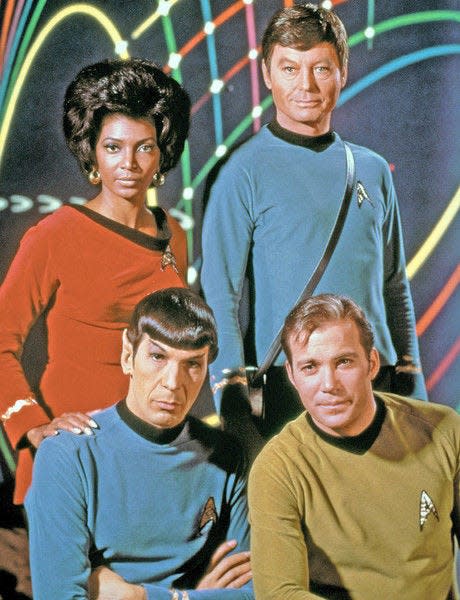 Nichelle Nichols, top left, DeForest Kelley, top right, Leonard Nimoy, bottom left, and William Shatner are shown as members of the original “Star Trek” series, which premiered Sept. 8, 1966, on NBC.