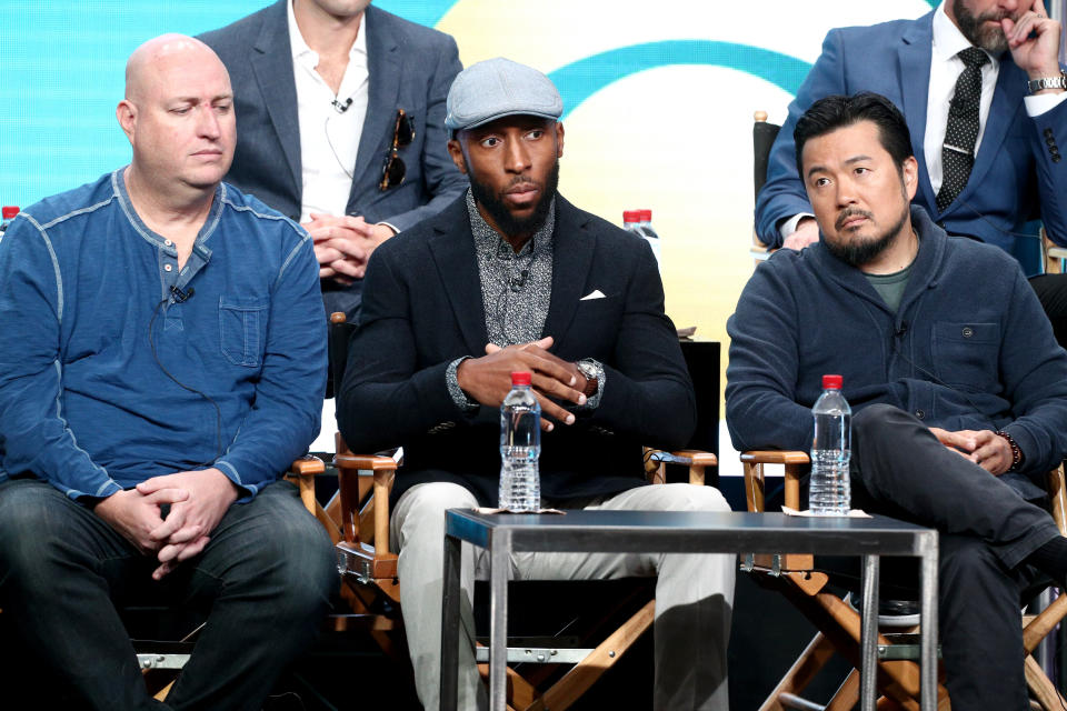 Executive producers Shawn Ryan (left), Aaron Rahsaan Thomas (middle) and Justin Lin (right) of 'S.W.A.T.' speak onstage during the CBS portion of the 2017 Summer Television Critics Association Press Tour at The Beverly Hilton Hotel on August 1, 2017 in Los Angeles. (Photo: Frederick M. Brown via Getty Images)