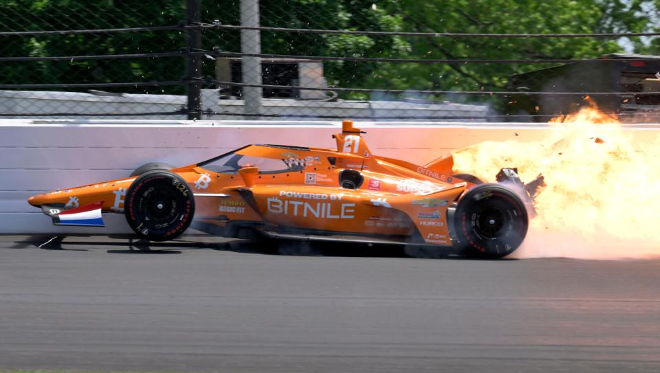 Ed Carpenter Racing driver Rinus VeeKay (21) crashes in the second turn Sunday, May 29, 2022, during the 106th running of the Indianapolis 500 at Indianapolis Motor Speedway