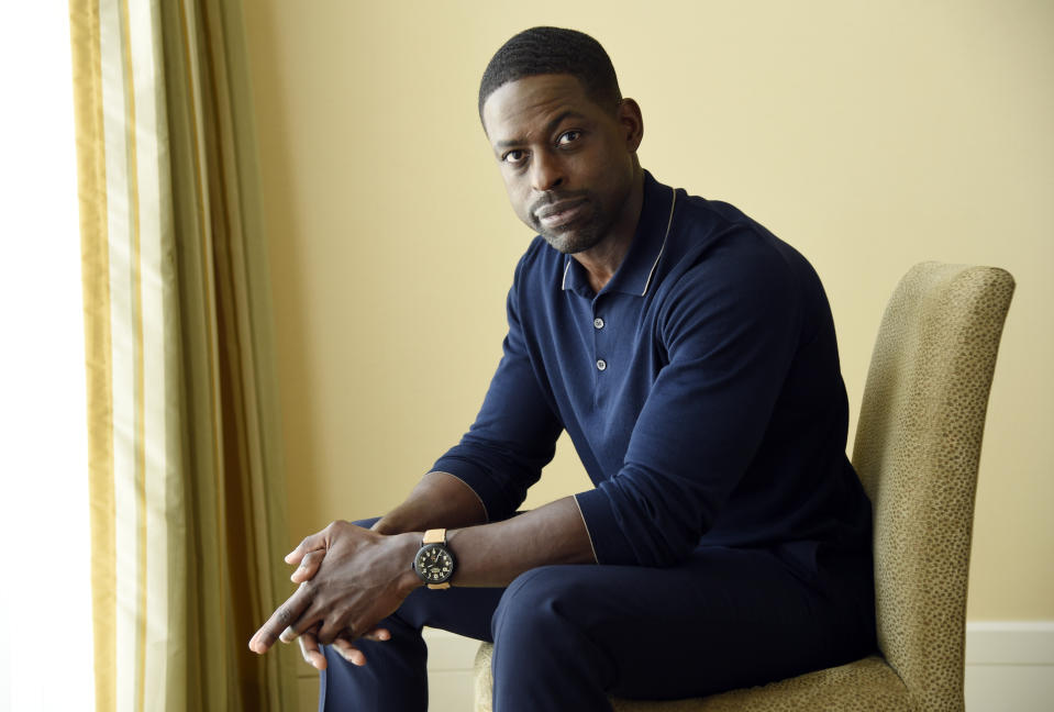 FILE - Actor Sterling K. Brown, a cast member in the NBC series "This Is Us," poses for a portrait during the 2017 Television Critics Association Summer Press Tour in Beverly Hills, Calif. on Aug. 3, 2017. Season five debuts Tuesday and will address the pandemic and Black Lives Matter movement. (Photo by Chris Pizzello/Invision/AP, File)