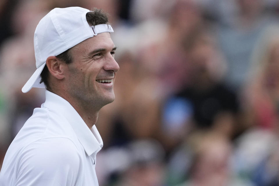 Tommy Paul of the United States reacts after defeating Alexander Bublik of Kazakhstan in their third round match at the Wimbledon tennis championships in London, Friday, July 5, 2024. (AP Photo/Mosa'ab Elshamy)