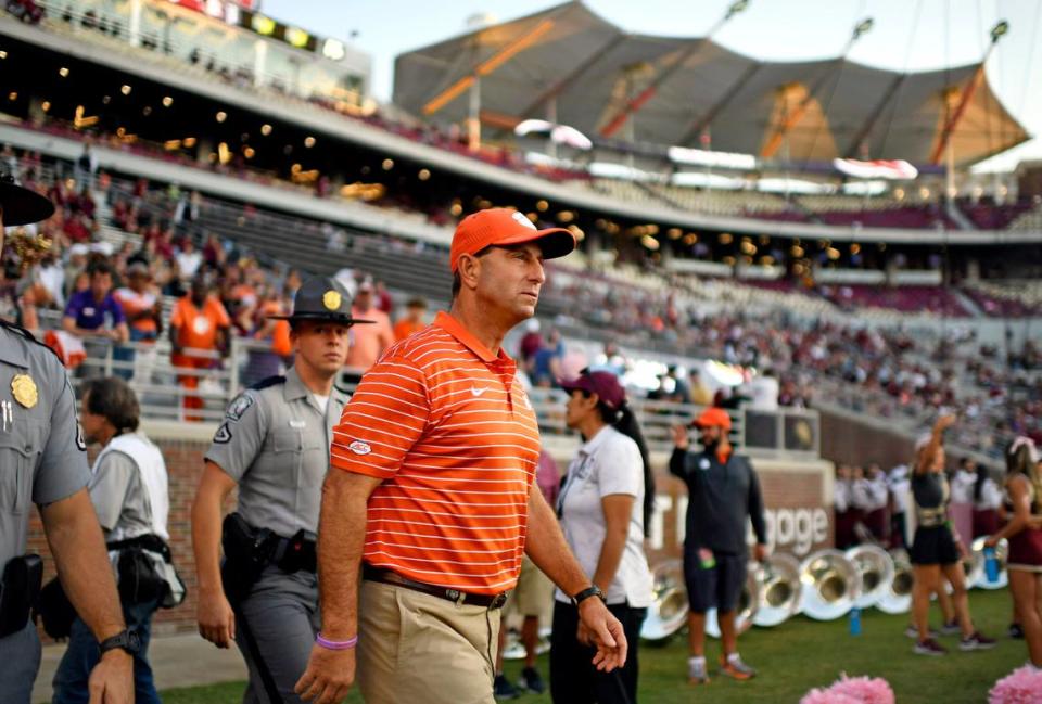 Oct 15, 2022; Tallahassee, Florida, USA; Clemson Tigers head coach Dabo Swinney before a game against the Florida State Seminoles at Doak S. Campbell Stadium. Melina Myers/USA TODAY Sports