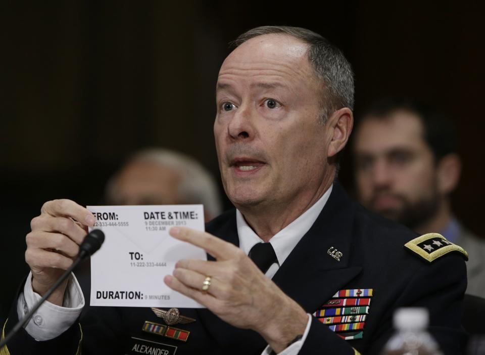 U.S. NSA Director General Alexander uses a library card as an example while testifying before the Senate Judiciary Committee in Washington