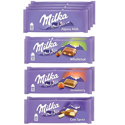 <p><strong>Milka</strong></p><p>amazon.com</p><p><strong>$25.99</strong></p><p><a href="https://www.amazon.com/dp/B08L47BR1R?tag=syn-yahoo-20&ascsubtag=%5Bartid%7C1782.g.994%5Bsrc%7Cyahoo-us" rel="nofollow noopener" target="_blank" data-ylk="slk:BUY NOW;elm:context_link;itc:0;sec:content-canvas" class="link ">BUY NOW</a></p><p>Take your pick of Milka's Alpine milk, Wholenut, Strawberry, and Cow Spots. </p>