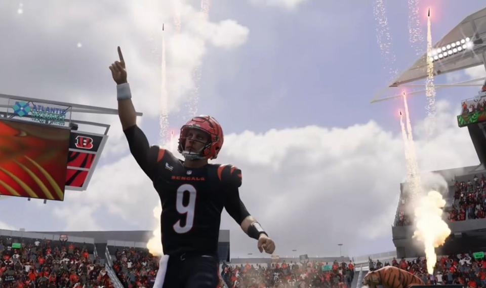 This screenshot shows Joe Burrow before a simulated “Madden 24” game between the Cincinnati Bengals and Seattle Seahawks.