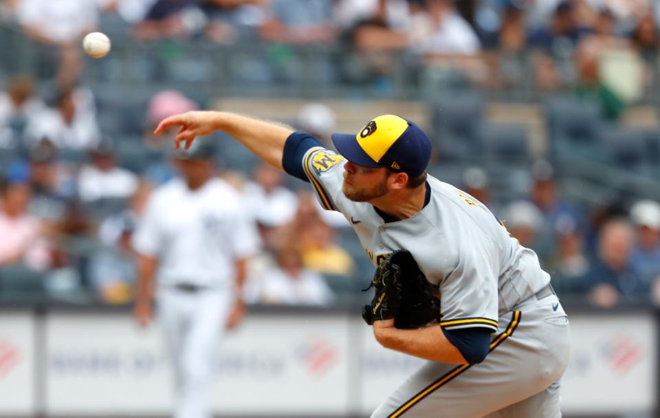 Brewers starting pitcher Corbin Burnes walked two with seven strikeouts in eight no-hit innings against the Yankees on Sunday.