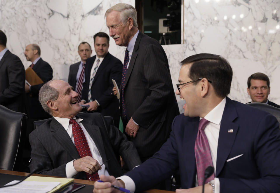 <p>Senators James Risch (L), Angus King (C) and Marco Rubio laugh together before the start of Former FBI Director James Comey’s testimony before a Senate Intelligence Committee hearing on “Russian Federation Efforts to Interfere in the 2016 U.S. Elections” on Capitol Hill in Washington, June 8, 2017. (Photo: Jim Bourg/Reuters) </p>