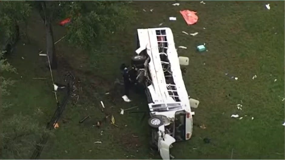 A bus was seen on its side in a field off State Road 40 in Marion County, Florida on Tuesday 14 May 2024 (Fox35 Orlando)