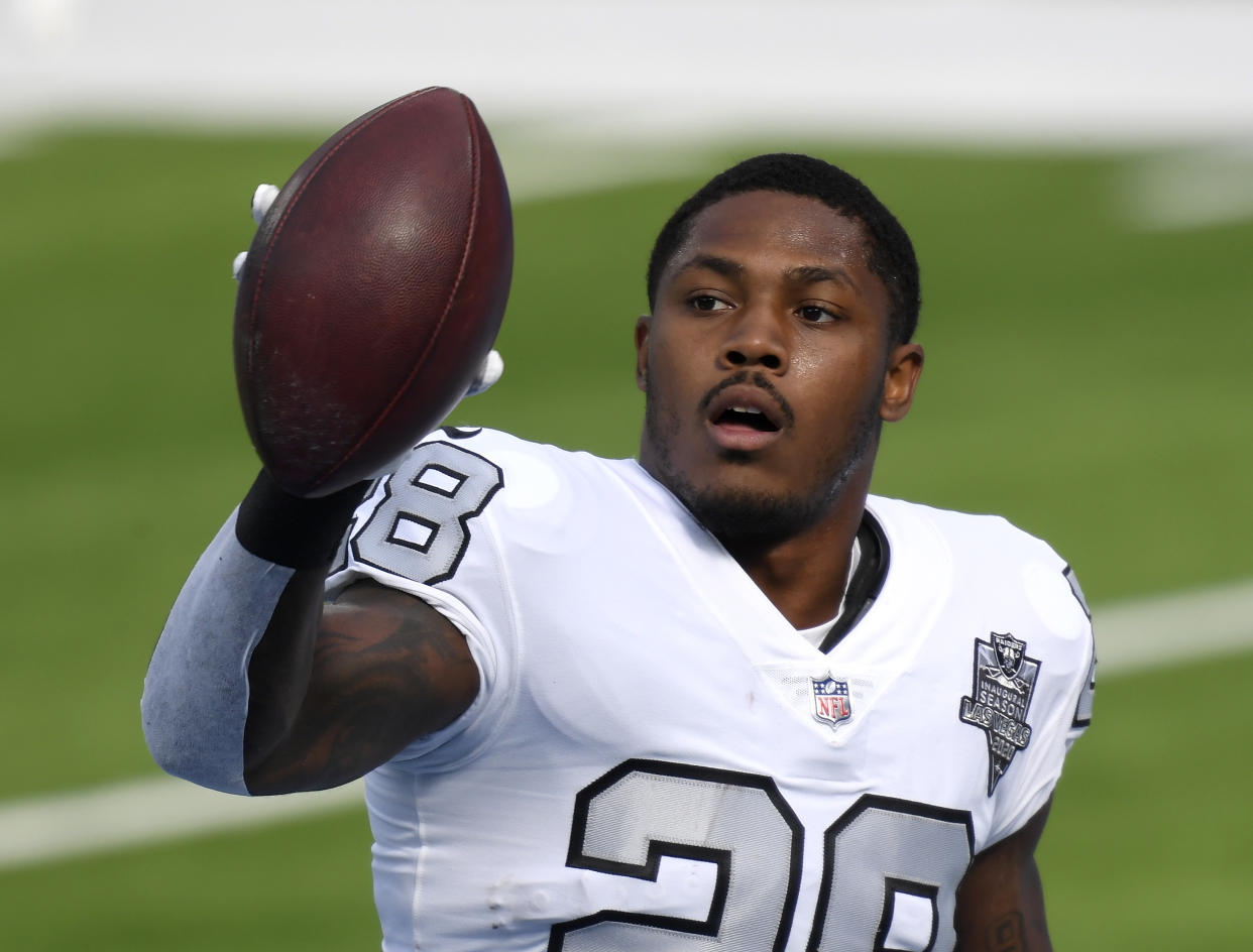 INGLEWOOD, CALIFORNIA - NOVEMBER 08:  Josh Jacobs #28 of the Las Vegas Raiders during warm up before the game against the Los Angeles Chargers at SoFi Stadium on November 08, 2020 in Inglewood, California. (Photo by Harry How/Getty Images)