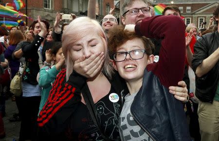 People react as Ireland voted in favour of allowing same-sex marriage in a historic referendum, in Dublin May 23, 2015. REUTERS/Cathal McNaughton