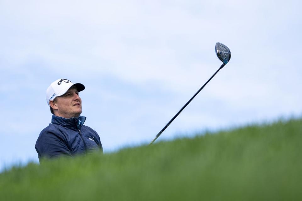 Emiliano Grillo hits his tee shot on the ninth hole during the second round of the AT&T Pebble Beach Pro-Am golf tournament at Pebble Beach Golf Links. Mandatory Credit: Kyle Terada-USA TODAY Sports