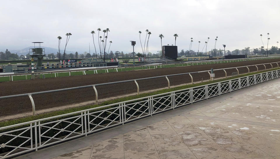 The home stretch and stands are empty at Santa Anita Park in Arcadia, Calif., Thursday, March 7, 2019. Extensive testing of the dirt track is under way at eerily quiet Santa Anita, where the deaths of 21 thoroughbreds in two months has forced the indefinite cancellation of horse racing and thrown the workaday world of trainers, jockeys and horses into disarray. (AP Photo/Beth Harris)