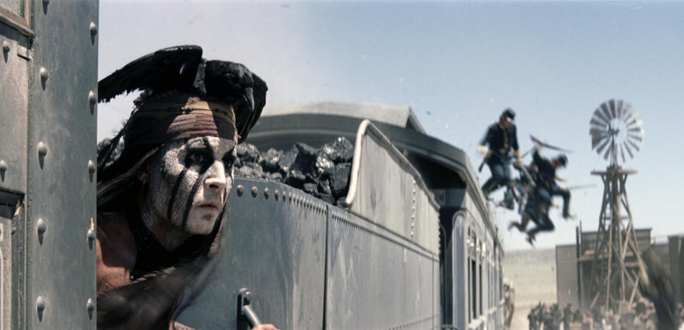 This publicity image released by Disney shows Johnny Depp as Tonto in a scene from "The Lone Ranger." (AP Photo/Disney Enterprises, Inc.)