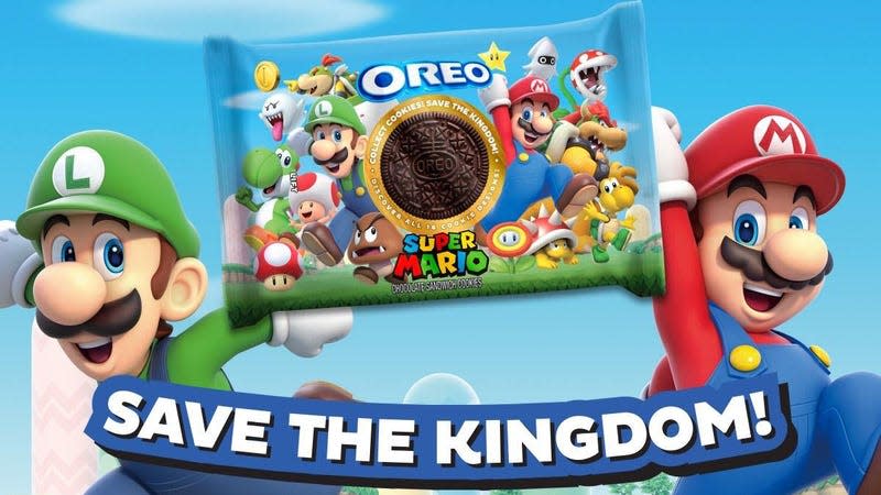 Mario and Luigi smile and jump next to a themed Oreo package; White text says "Save the Kingdom!"