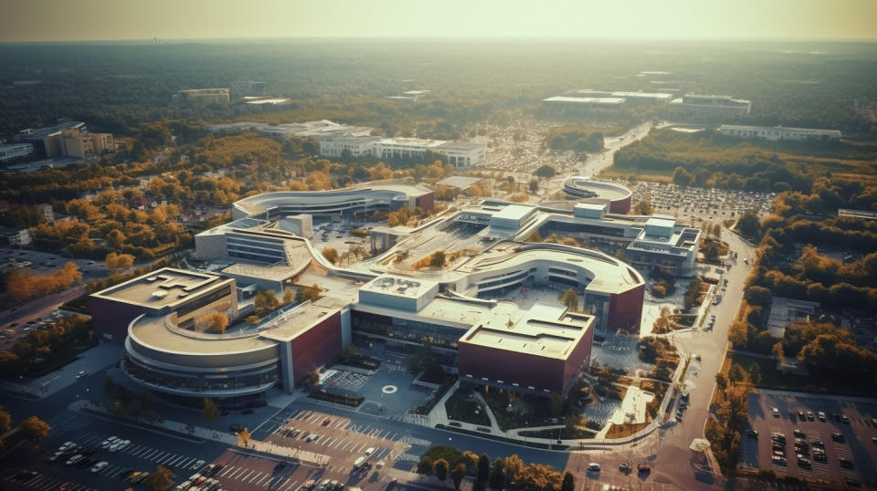 Aerial view of a busy urban area with a large shopping center in the center.