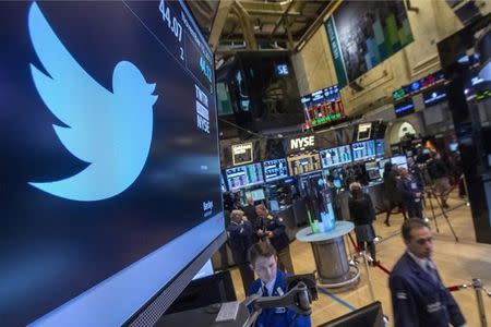 The Twitter symbol is displayed at the post where the stock is traded on the floor of the New York Stock Exchange, November 15, 2013. REUTERS/Brendan McDermid/Files