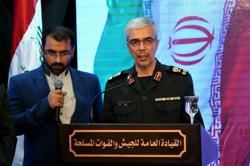 A picture released by the Syrian Arab News Agency (SANA) on March 18, shows Iran's Chief of Staff Mohammad Bagheri (R) speaking during a joint press conference with Syrian Defence Minister Ali Abdullah Ayyoub, and Iraq's Chief of Staff Othman Al-Ghanimi (Bothe not pictured). -/SANA/dpa