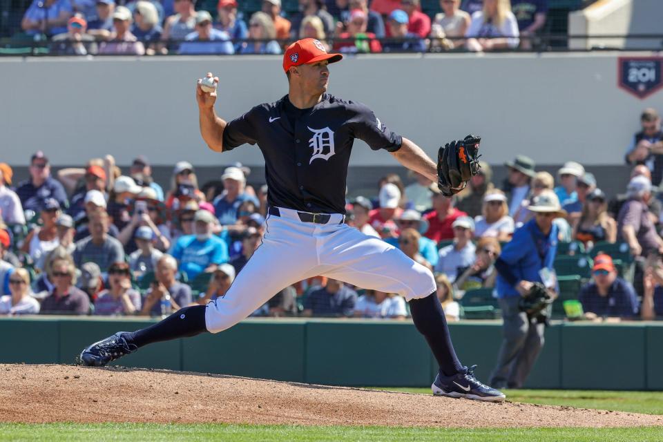 Detroit Tigers starting pitcher Jack Flaherty pitches during the first inning against the Houston Astros at Publix Field at Joker Marchant Stadium on Monday, Feb. 26, 2024, in Lakeland, Florida.