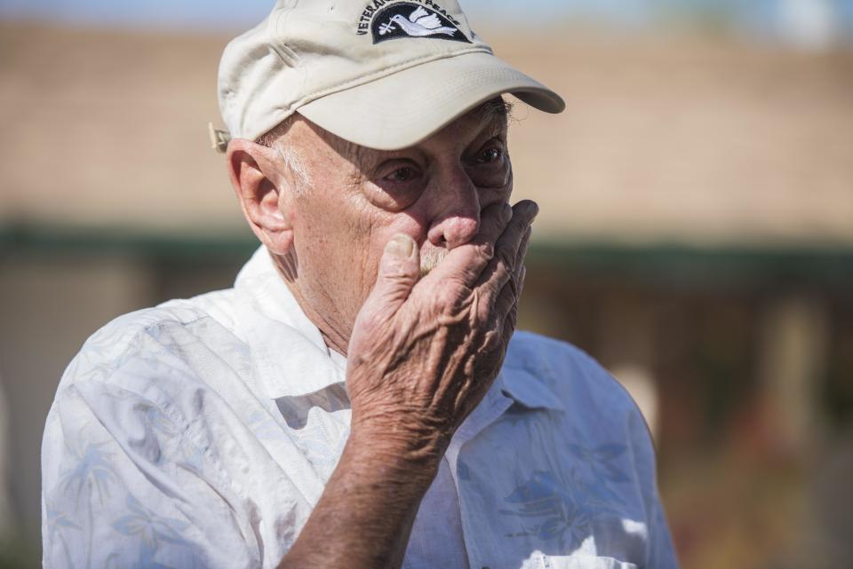 Dan Kelly,&nbsp;a 72-year-old Vietnam veteran, cries while explaining the humanitarian crisis on the border of the U.S. and Mexico. (Photo: Damon Dahlen/HuffPost)