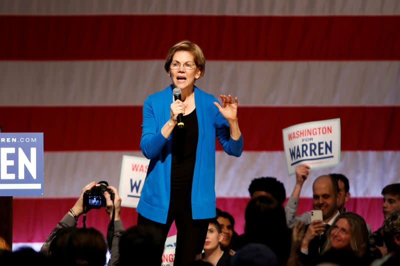 U.S. Democratic 2020 presidential candidate Senator Elizabeth Warren speaks at a campaign rally at the Seattle Center Armory in Seattle