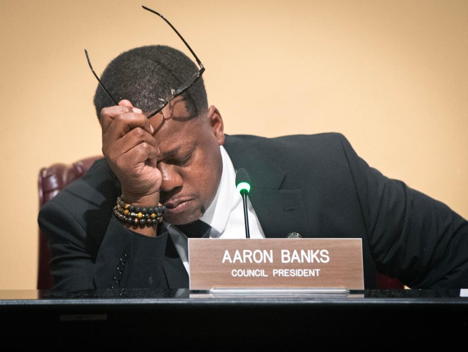 As questions, amendments and concerns over the approval of the Richard's Disposal trash removal contract goes on and on, Jackson City Council President Aaron Banks exhibits frustration during the city council meeting in Jackson on Tuesday. The contract with Richard’s was ultimately approved for a six-year term with four, one-year extension options.