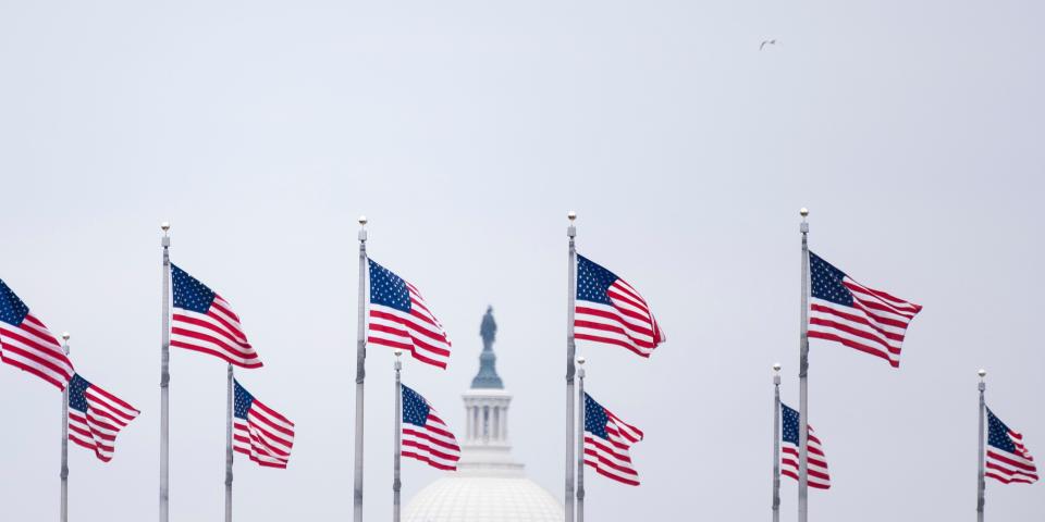 American flags wave in front of the Capitol rotunda.