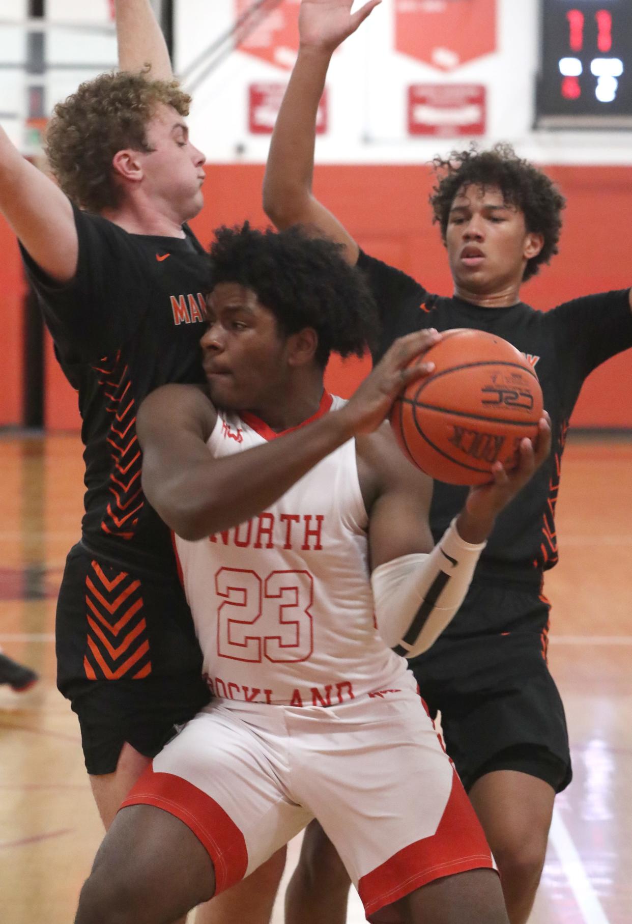 North Rockland's Elijah Barclay drives to the net during a game with Mamaroneck at North Rockland Dec. 12, 2023. North Rockland won 54-38.
