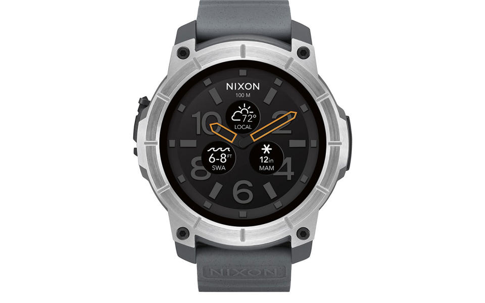 <p>This new watch from Nixon will make any adventure traveler’s life much easier. Not only is it water resistant and shock-proof, but the Mission Pro app also provides live ski and surf conditions all on your wrist. You can choose from three colors (orange, black, and concrete), and can customize the band.</p> <p><strong>To buy:</strong> <a rel="nofollow noopener" href="http://click.linksynergy.com/fs-bin/click?id=93xLBvPhAeE&subid=0&offerid=460242.1&type=10&tmpid=13127&RD_PARM1=http%3A%2F%2Fwww.bestbuy.com%2Fsite%2Fnixon-the-mission-smartwatch-48mm-polycarbonate-black%2F5609401.p%3FskuId%3D5609401&u1=TLTRVggG1AdventureJTS12Sep" target="_blank" data-ylk="slk:bestbuy.com;elm:context_link;itc:0;sec:content-canvas" class="link ">bestbuy.com</a>, $400</p>