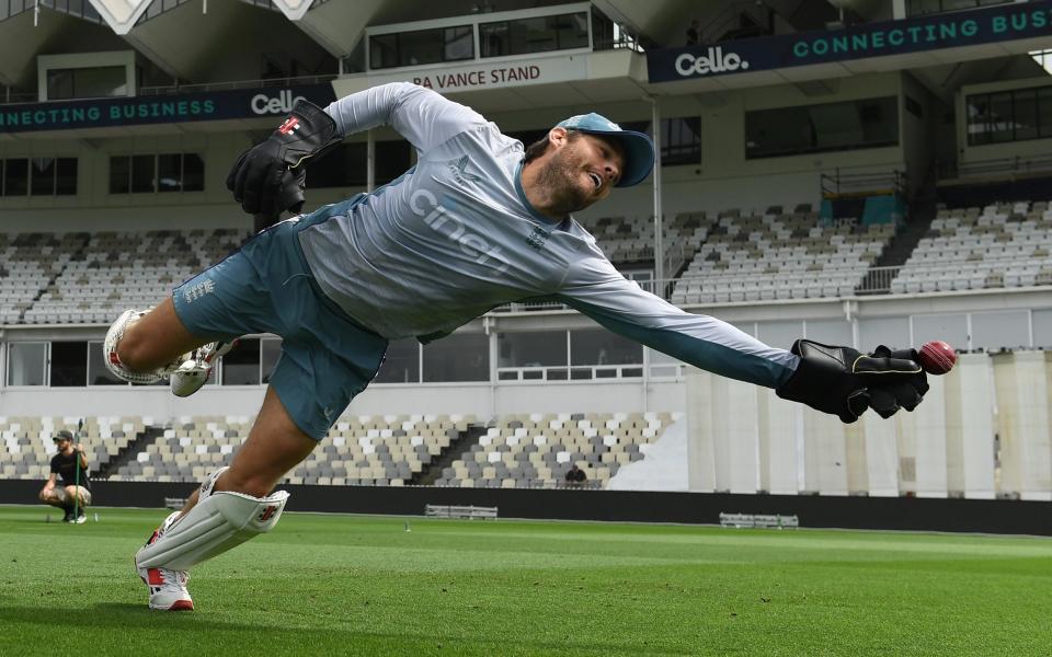 Ben Foakes of England attempts to catch a ball during an England Test squad training session before the second Test against New Zealand at Basin Reserve on February 22, 2023 in Wellington, New Zealand