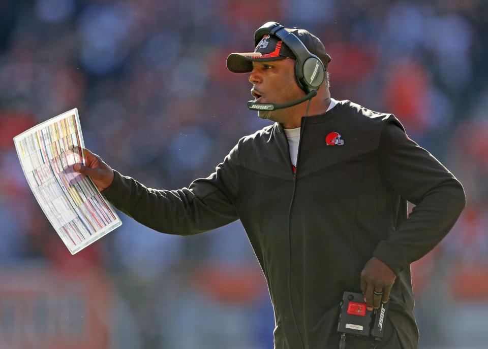 Cleveland Browns defensive coordinator Joe Woods works the sideline during the second half of an NFL football game against the Pittsburgh Steelers, Sunday, Oct. 31, 2021, in Cleveland, Ohio.