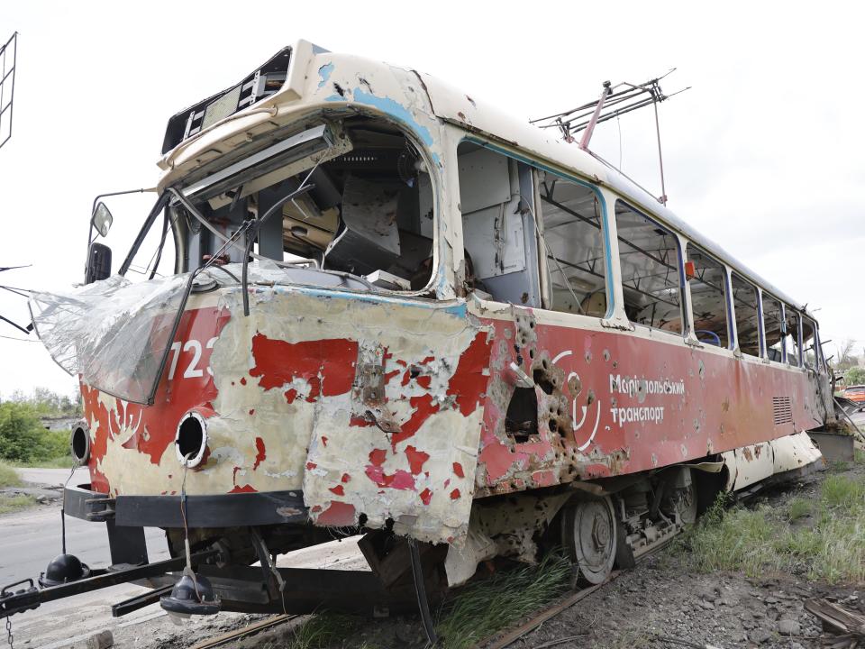 A damaged tram is seen in a depot near the Azovstal plant amid Russian attacks in Mariupol, Ukraine on May 21, 2022.
