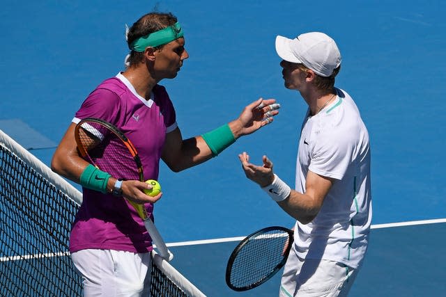 Denis Shapovalov, right, and Rafael Nadal had words at the net