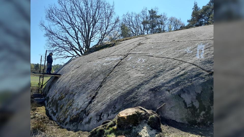 The petroglyphs are high up on a granite rock face that cannot be climbed.