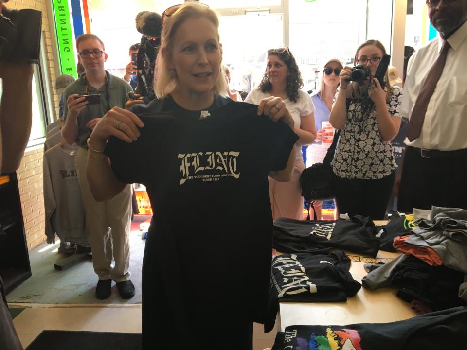 Presidential candidate and U.S. Sen. Kirsten Gillibrand, D-N.Y., bought this t-shirt from a store in Downtown Flint during her visit on Friday, July 12, 2019. The shirt said 