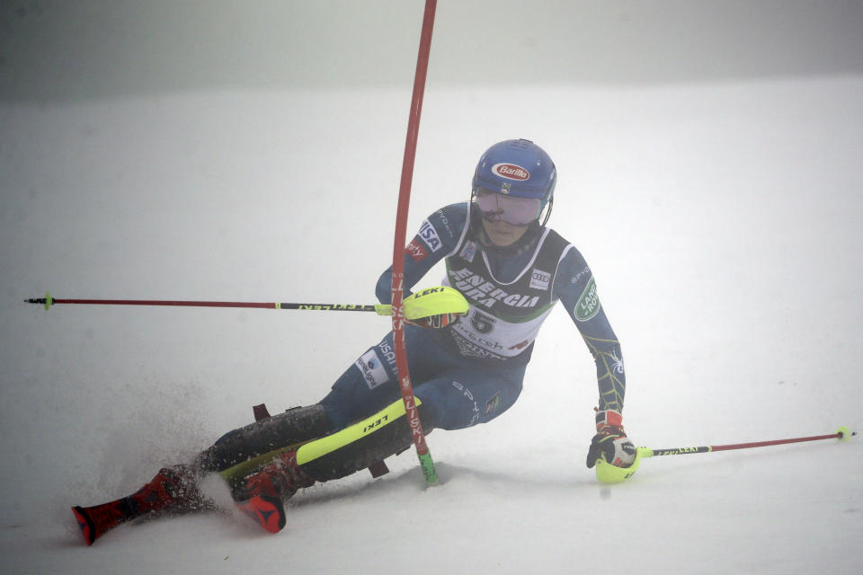 United States' Mikaela Shiffrin speeds down the course during an alpine ski, women's World Cup Slalom, in Zagreb, Croatia, Sunday, Jan. 3, 2021. (AP Photo/Marco Trovati)