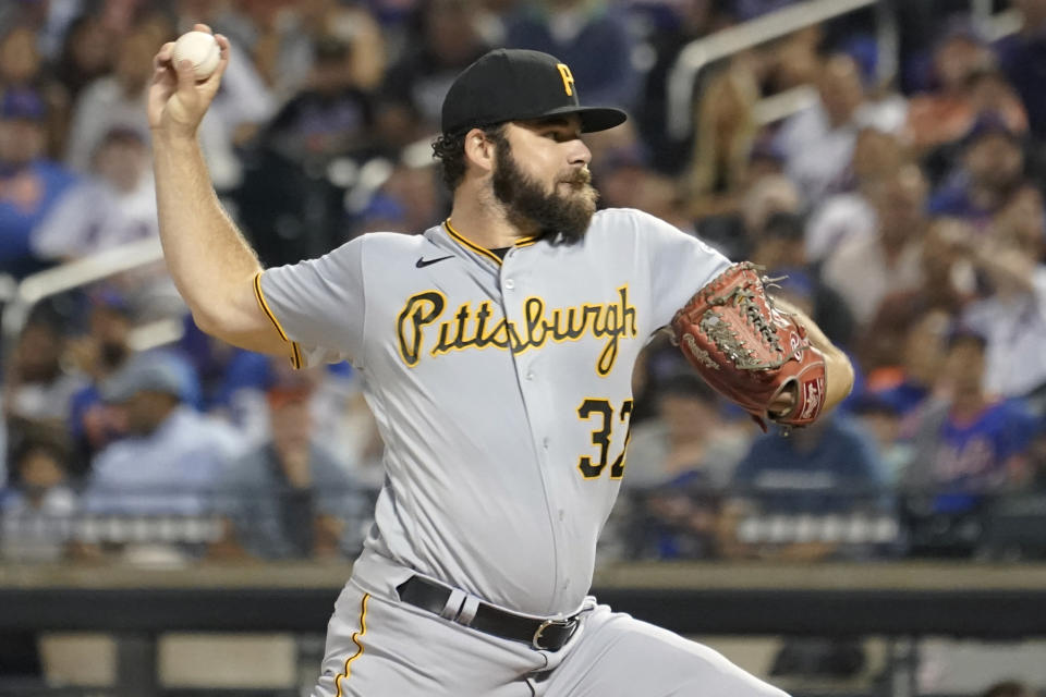 Pittsburgh Pirates pitcher Bryse Wilson delivers against the New York Mets during the first inning of a baseball game against the New York Mets, Saturday, Sept. 17, 2022, in New York. (AP Photo/Mary Altaffer)