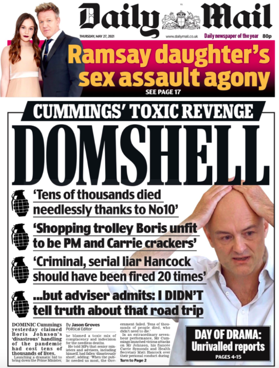 The Daily Mail also described the session as a 'Domshell', and described it as 'Cummings' toxic revenge'.