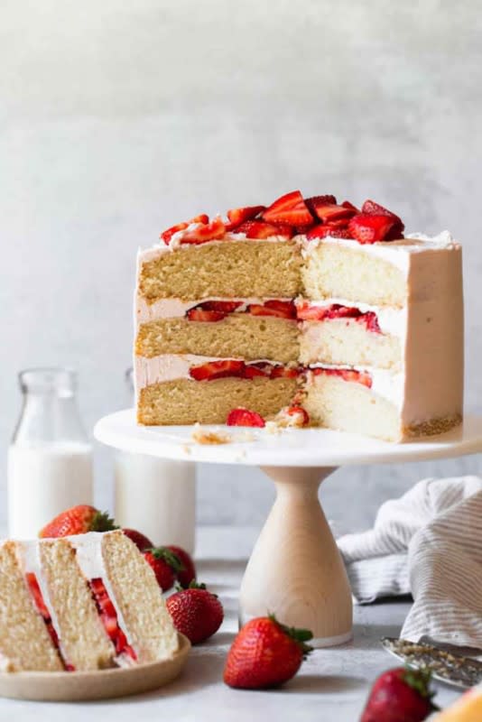<p>Grandbaby Cakes</p><p>This Strawberry Shortcake Cake fills fluffy and moist vanilla cake with sweet, aromatic macerated strawberries and berry hinted Swiss meringue buttercream. Each bite is fruity, tender and melts in your mouth.</p><p><strong>Get the recipe: <a href="https://grandbaby-cakes.com/strawberry-shortcake-cake/" rel="nofollow noopener" target="_blank" data-ylk="slk:Strawberry Shortcake Cake;elm:context_link;itc:0;sec:content-canvas" class="link rapid-noclick-resp">Strawberry Shortcake Cake</a></strong></p>