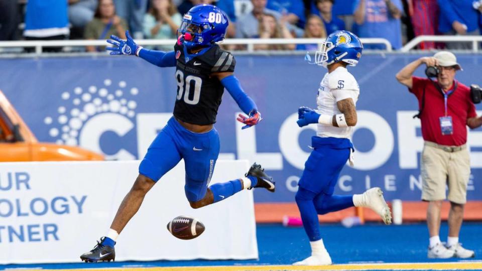 Boise State wide receiver Eric McAlister scores the Broncos first touchdown against San Jose State on a 83-yard touchdown pass and run in the 2nd quarter, Saturday, Oct. 7, 2023, at Albertsons Stadium in Boise.