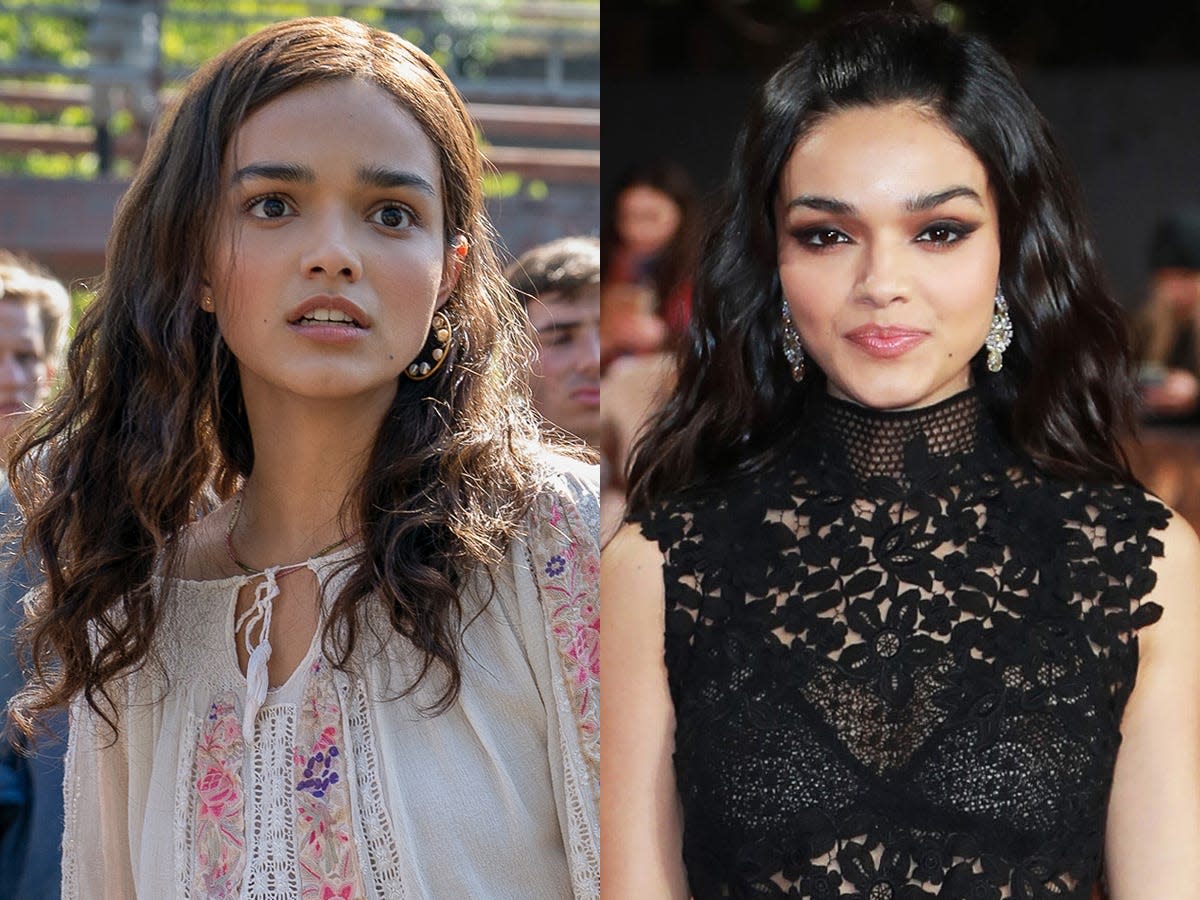 A side by side of Rachel Zegler as Lucy Gray Baird in "The Hunger Games" prequel movie and at the film's world premiere.