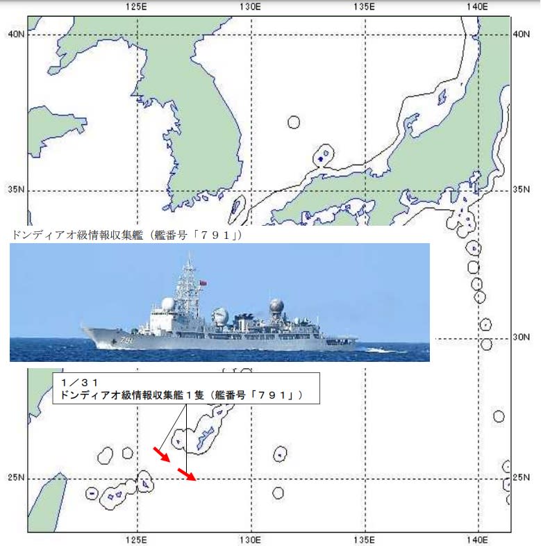 日本防衛省統合幕僚監部發布監控訊息，中國海軍815型電子偵察艦「北極星號(舷號791)」31日穿過沖宮水道進入太平洋，研判是為就近監控美日操演蒐集情報。   圖：翻攝mod.go.j