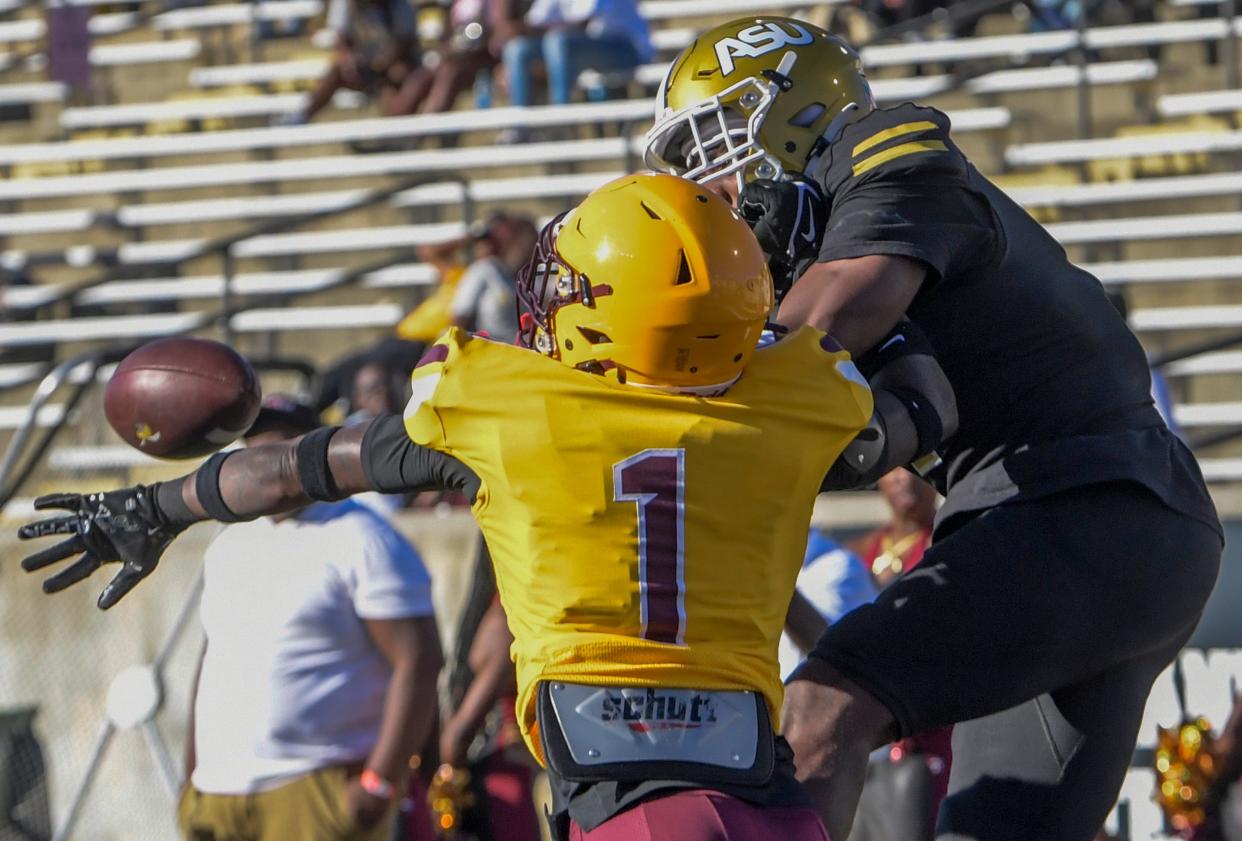 Bethune-Cookman cornerback Omari Hill-Robinson (1) breaks up a pass intended for Alabama State Hornets wide receiver Kisean Johnson (1) during their game on the ASU campus in Montgomery, Ala., on Saturday, Oct. 7, 2023.